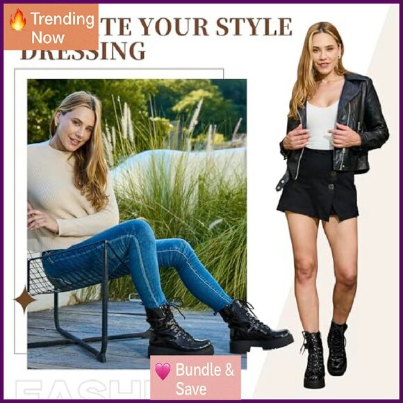 Chunky Heel Patent Leather Combat Boots, Side Zipper & Lace-Up Ankle Booties - Picture 6 of 8